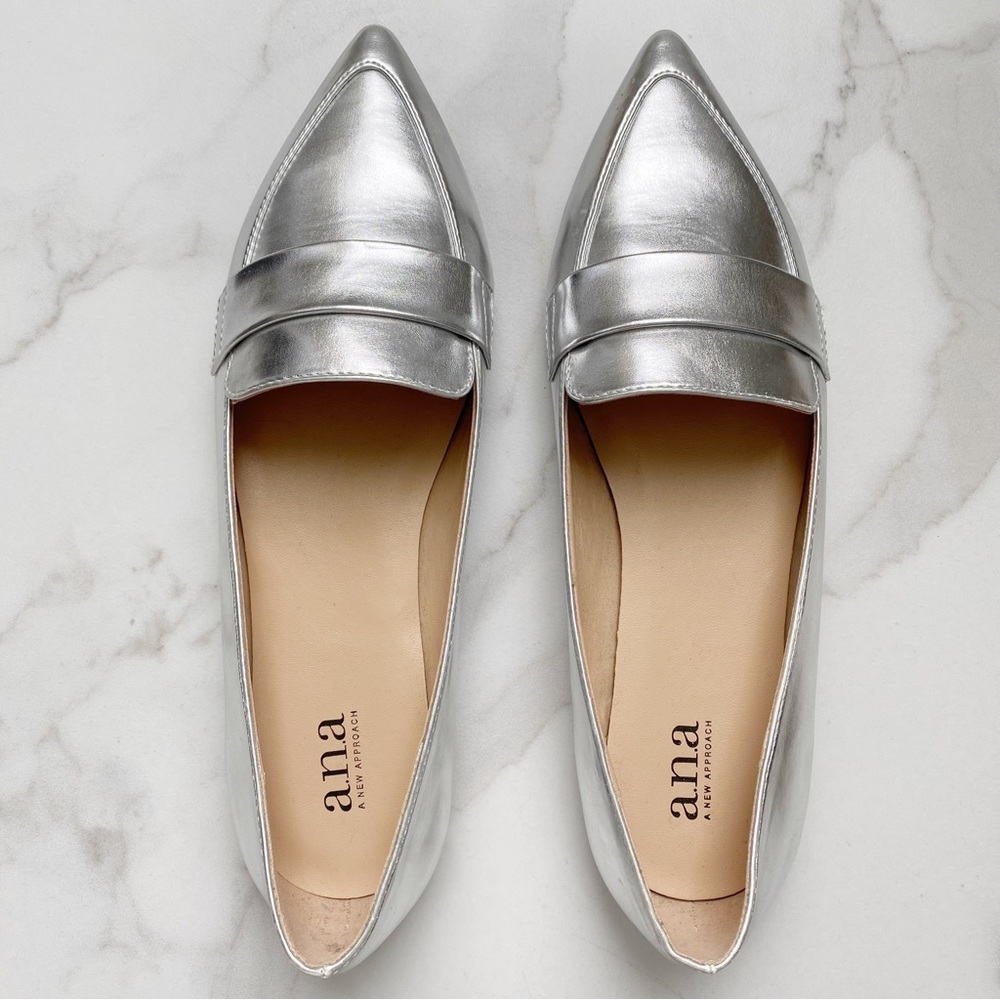 ANA metallic silver loafers NWOB